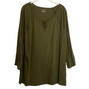 Talbots Womens Top XL Green Crochet Sleeve Tie Neck Cotton Modal